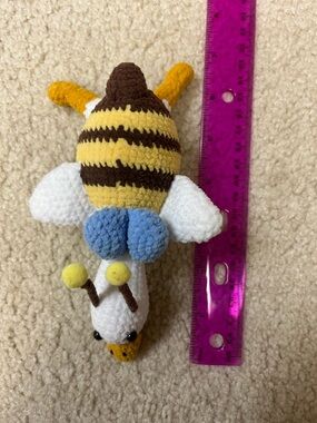 Plush Bee Rattle Soft Toy in Yellow, Brown, White and Blue